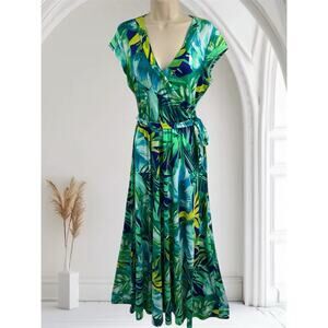 Olivia Matthews Maxi Tropical Floral Green Dress Large USA Made